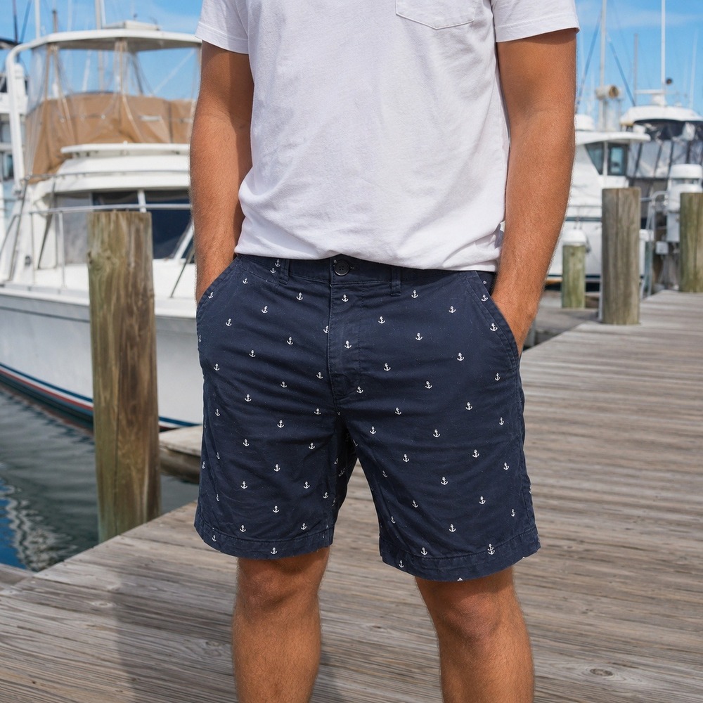 Denim & Flower Chino Shorts Mens 30 Navy Blue Anchor Embroidered Nautical Preppy